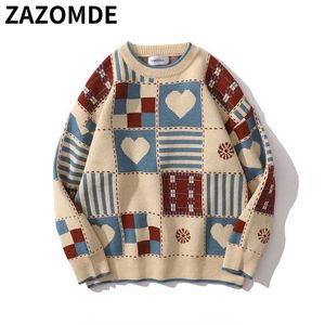 Zazomde Mens Hip Hop Stickade Tröjor Hjärta Färg Block Streetwear Jumper Men Harajuku Loose Casual Oversized Pullovers Unisex 211221