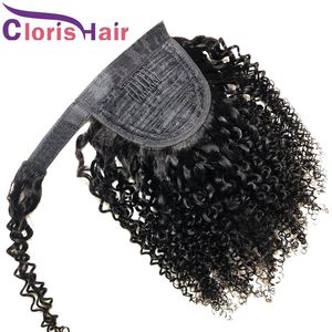 #1B Magic Paste Kinky Curly Human Hair Ponytail Extensions Clip Ins For Black Women Wrap Around Malaysian Virgin Curly Pony Tails Hairpiece