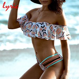 Lyric Flouced Bikini Set Rüsche Badeanzug für Frauen Falbala Tanga Schulterfrei Badeanzug Floral Badebekleidung 2019 Kostüm T200708