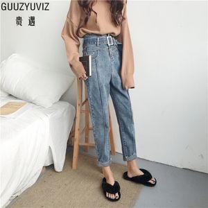 GUUZYUVIZ Boyfriend Jeans a vita alta per le donne Casual allentato Cintura vintage Denim Haren Pantaloni Primavera Big Size Chic Jeans Donna 201102