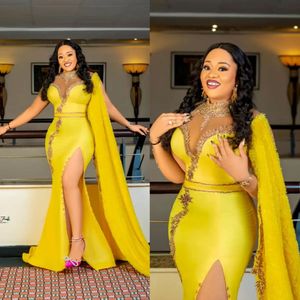 2022 Plus Storlek Arabisk Aso Ebi Yellow Mermaid Luxurious Prom Dresses Lace Beaded Evening Formell Party Andra Receptionen Födelsedag Engagemang Kappor Klänning ZJ305