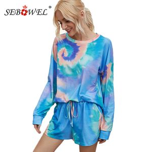SEBOWEL Women's Tie-Dye Set Long Sleeve Print T-Shirt Shorts Home Loungewear Sets Ladies Gradient Color Two Pieces Suits S-XXL T200707
