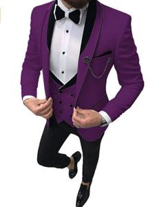 2021 Mężczyźni garnitury 3 sztuki Slim Fit Casual Business Groom Purple Shawn Lapel Tuxedos dla Mężczyzn Formalne Garnitury Ślubne (Blazer + Spodnie + Kamizelka)