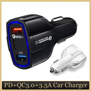 3.5A USB QC3.0 PD Type-C 3 Ports Car Charger Быстрая зарядка для iPhone 12 11 Xiaomi Samsung Mini Mini Quick Chargers Adapter без пакета