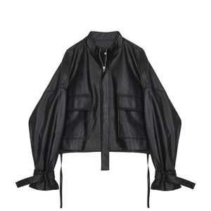 [EWQ] Осень Новый ремешок для ленса с длинным рукавом Большой размер мода женщин повседневная кожаный слой свободный черный куртка qj87101 201112