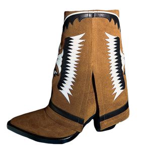 Höst Vinter Nya Högkvalitativa Läder Kvinnor Cowboy Boots Luxury Stitching Broderi Knee-Length Ladies Western Mid-Tube Boots