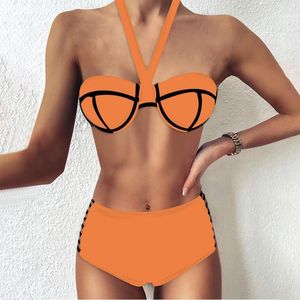 One-Piece Suits Halter Women's Swimsuit Sexy Bikini Wave Solid Cup Split Two Piece Swimwear Summer Bathing Suit Bikinis 2021 Woman Beachwear
