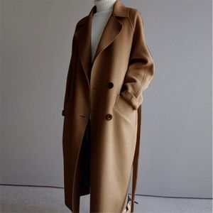 Winter beżowy elegancki płaszcz wełny kobiety koreański moda czarny długie płaszcze Podstawowe minimalistyczny wełniany płaszcz ciepło oversize przegrzewać LJ201110