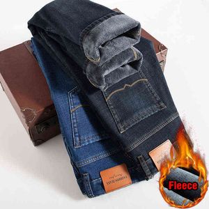 Winter Men's Business Plus Velvet Jeans Classic Style Regular Fit Fleece Thick Warm Denim Pants Male Brand Trousers Black Blue G0104