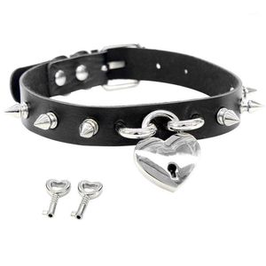 Chaveiros de aço inoxidável Bondage Spike Gargantilha Colar Mulheres Gothic Colar Punk PU Couro Coração Chave Bloqueio na Pescoço Jóias1