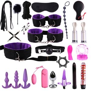 Dildo Vibrator Anal Plugs Handcuffs Whip Nipples Clip Blindfold Breast Pump BDSM Games Adult Sex Toys Kit For Couples kit casal Y201118