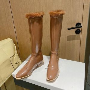 Kadın Ayakkabı Marka Tasarımcısı Sıcak Botlar Kış Ayakkabıları Kadın Patent Deri Diz Yüksek Botlar Yüksek Kaliteli Deri Binicilik Kar1