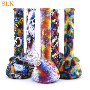 8.6 '' Mini Beher Su Boruları Hookah Düz Bong Solmayan Renkli Desen Silikon Bongs Cam Yağ Brülör Dabs Teçhizat Su Bubbler 420