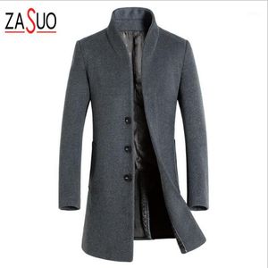 Men's Wool & Blends Wholesale- 2021 Men's Business Casual Slim Stand-down Collar Woolen Coat Long Windbreaker Single Breasted Jacket