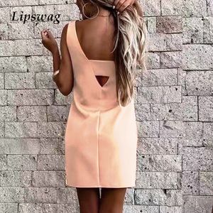 Mulheres Sexy Oco Fora Backless A-Line Dress 2021 Primavera Elegante Sem Mangas Partido Vestido Escritório Senhoras Casual Loose Chic Vestidos Y0118