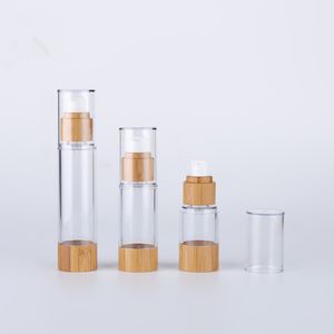 Freeship Bambu Airless Cosmetic Serum Press Pump Bottle 15 ml 30 ml 50 ml 100 ml, kosmetisk förpackning BB Cream Airless Bottle med tydligt yttre locklock för ansiktslotion