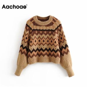 Aachoae 여성 캐주얼 O 넥 인쇄 스웨터 봄 긴 소매 패션 풀오버 탑 여성 빈티지 우아한 점퍼 풀 201017