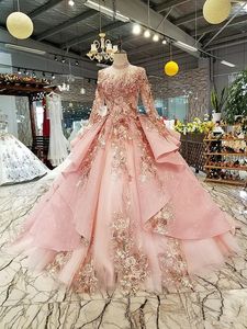 Różowe specjalne sukienki Dubai Puffy imprezowe sukienki Quinceanera High Scyk Długie tiulowe rękaw koronkowy