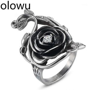 Band Rings Olowu Antique Silver Black Rose Flower Simple Stainless Steel Charm Finder Ring For Women Men Jewelry Gift