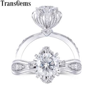 Transgems 14K 585 White Gold Center 1ct 6.5mm F Color Engagement Ring for Women Wedding Vintage Ladies Ring Y200620