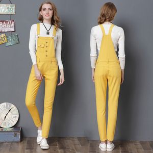 Casual Candy Yellow Denim Jumpsuits Jeans Plus Size Autumn Overalls For Women High midjebyxor Lång rems Rompers 210203