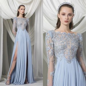 2021 Nya Aftonklänningar Långärmade Lace Appliques Pärlor Prom Kappor Skräddarsydda Sweep Train Plus Storlek En Linje Special Occasion Dress