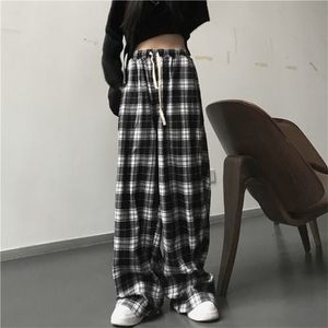 Houzhou harajuku oversize xadrez calça moda coreana preto branco verificado calças para queda feminina perna larga sweatpants 220226