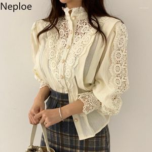 Neploe Elegante Vintage Aushöhlen Frauen Blusen Perle Tasten einreiher Spitze Weibliche Tops Lange ärmeln Damen Shirts 498571