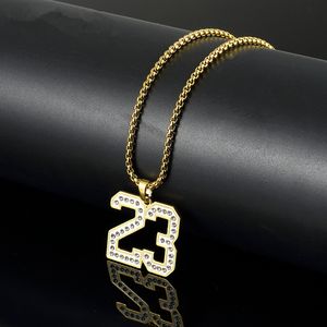 Fashion Mens Hip Hop Gold 23 Number Pendant Necklace Jewelry Rhinestone Design 75cm Long Chain Men Necklace necklaces For women Men