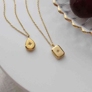 Less Is More Classcial Eco-friendly Stainless Steel 18k Gold CZ Waterdrop Square Pendant Necklaces for Women