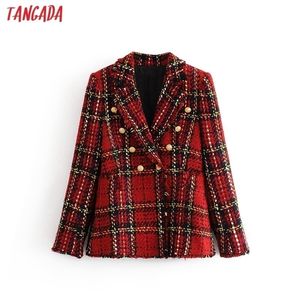 Tangada Frauen warme Winter zweireihige rote Anzugjacke Büro Damen Vintage karierte Blazer Taschen Arbeitskleidung Tops 3H16 201201
