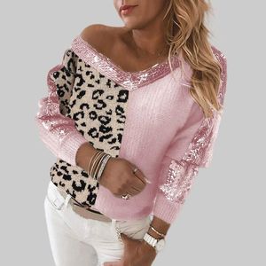 Camisolas femininas Costura de leopardo de malha Mulheres Moda V-Neck Sequin Temperamento Elegante Pullover Tops Puxe Femme Hiver Roupas