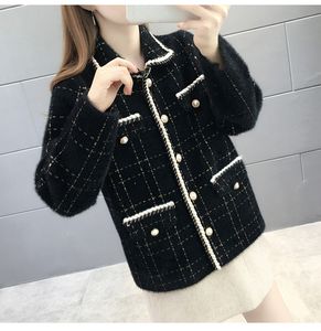 New design women's turn down collar long sleeve warm thickening mohair wool plaid knitted sweater coat cardigan