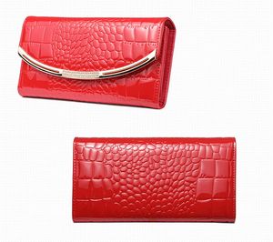 Hot Sale Nya Kvinnor Äkta läder Lång metall Plånböcker Kvinna Ko Läder Telefon Purses Lady Fashion Clutchs Svart Röd / Lila / Guldfärg