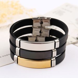 Wholesale metal silver bangles resale online - Stainless Steel Blank ID Tags Silicone Bangle For Engrave Silver Color Golden Black Metal Plate Bracelet Y1126