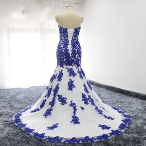 Abiti da sposa a sirena in pizzo applique blu royal senza spalline con paillettes in rilievo Abito da sposa taglie forti per la festa da sposa personalizzata Fo291U