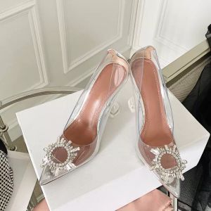 Womens Dress Shoes Top quality Transparent sunflower Rhinestone buckle Crystal heel pumps fashion designer sexy pointed toes Wedding Party heeled shoe with box