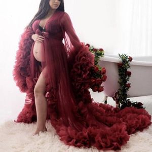 Bourgogne Lush Tulle Robe Maternity Dress Long Puffy ärmar Ruffled Se genom brudklänningar PO Shoot eller Baby Shower299T