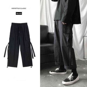 Cargo Pants Men Streetwear Hip Hop Pants Loose Korean Style Ankle Length Trousers Overalls Elastic Waist Black Gray Techwear H1223