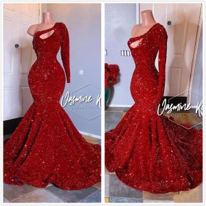 Red One Shoulder Sequins Mermaid Long Prom Dresses Sparking Long Sleeves Ruched Evening Gown Plus Size Formal Party Wear Gowns BC3613