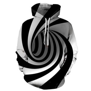 Hoodies Suéter Homens e mulheres Outono 3D Impressão Tridimensional Preto e Branco Redemoinho Hollow Permanetity Sweatshirt 201020