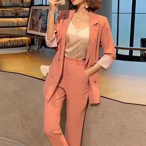 Vintage Double Breasted Women Pant Suit Three Quarter Notched Blazer Jacket High Waist Pant 2020 Summer Office Wear Women Suit