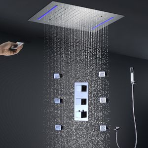 Banyo Tavan LED Duş Seti Yağış Duş Başlığı Paneli 20x14 inç Termostatik Değişici Mikser Musluk Vücut Masaj Jetleri