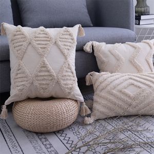 Bohemia Tassels Cushion Cover 45x 45cm/30x50cm Beige Pillow Cover Handmade Square boho living Room Bed RoomHome Decoration LJ201216