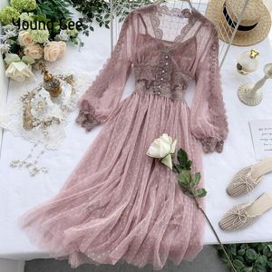 Junge Gee Spitze Blumen Kleid Frauen V Neck Long Sleeves Midi Weibliche Polka Dot Perlen Einreiher Süße Mesh Kleider ropa mujer Y0118