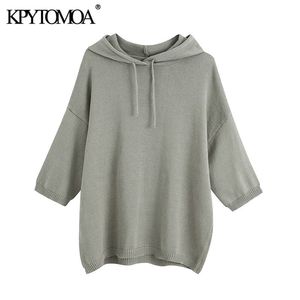 KPYTOMOA Donne Moda Misto Lino Felpe Lavorate A Maglia Allentato Vintage Con Cappuccio Maniche Corte Femminile Pullover Chic Top 201106