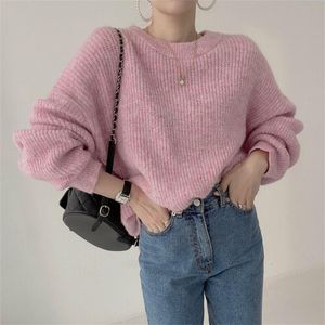 Women's Sweaters Alien Kitty Pullovers Knitted Thicken O-Neck Jumpers Warm Pure Color 2021 All Match Autumn OL Full Sleeves Women Tops