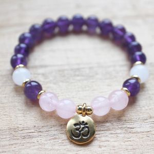 MG1332 Bracciale da polso con ametista naturale Mala Yoga Bracciale con cristalli di quarzo rosa Bracciale Handamde Gioielli di guarigione spirituale per le donne