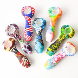 High Quality Silicone Smoking Pipe Spoon Hand Pipe with thick glass bowl Oil Burner Oil Rigs Dab Stick Free Shipping