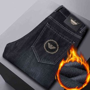 Jeans in lana antiaderente grigio nero Pantaloni casual ricamati ispessiti in peluche caldi invernali da uomo